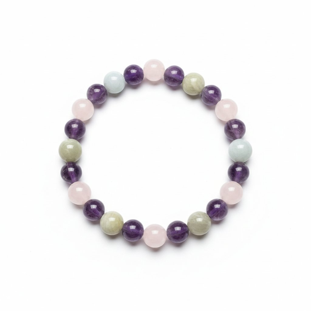 Amazonite, ametista e quartzo rosa pulseira do equilíbrio e amor próprio